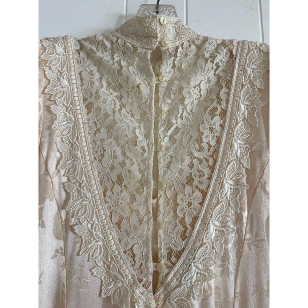 Vintage 80s Jessica McClintock Cream Lace Gown M - Picture 5 of 13